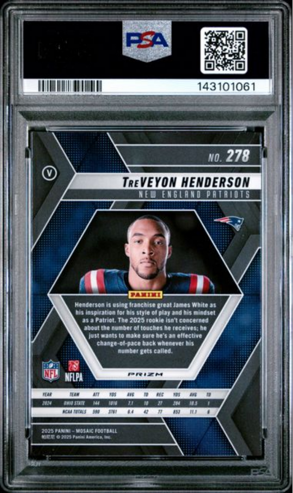 Graded 2025 Panini Mosaic TreVeyon Henderson #278 Red Camo Rookie RC Football Card PSA 10 Gem Mint