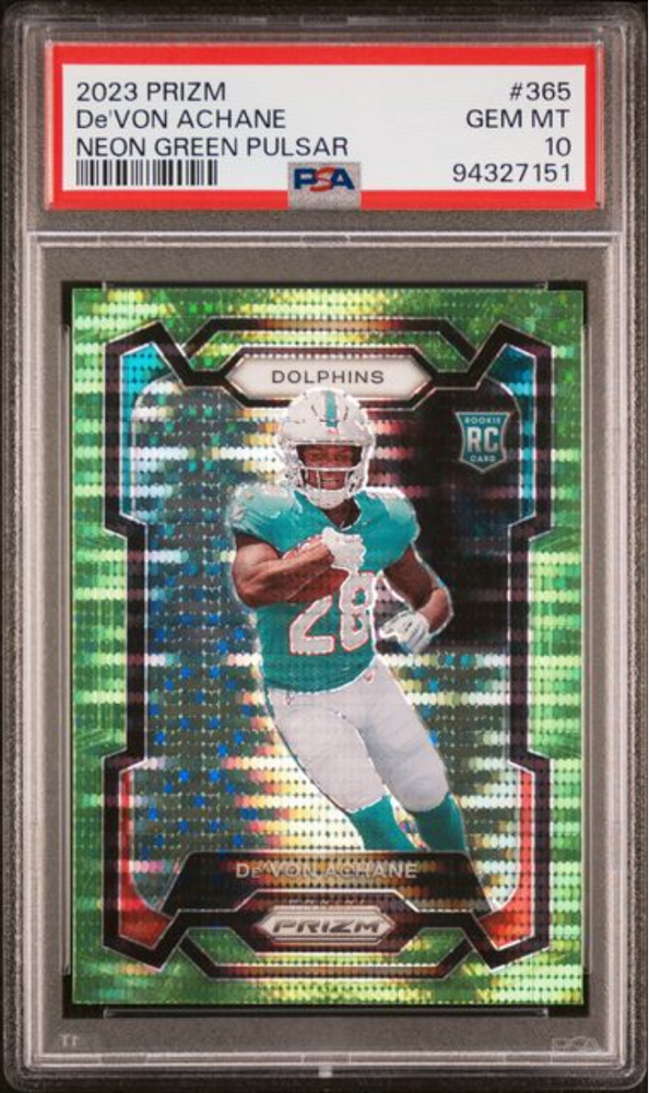 Graded 2023 Panini Prizm Devon Achane #365 Neon Green Pulsar Rookie RC Football Card PSA 10 Gem Mint