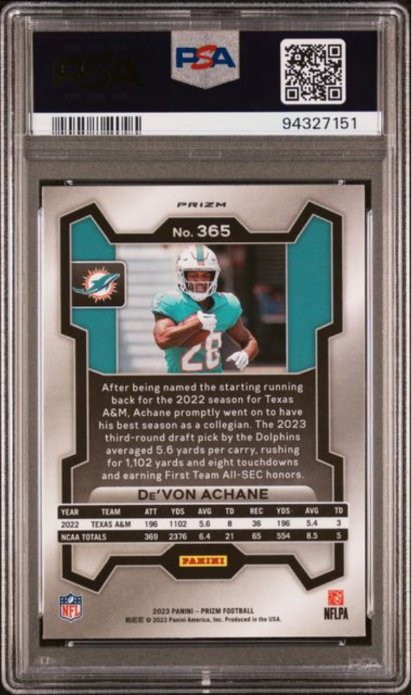 Graded 2023 Panini Prizm Devon Achane #365 Neon Green Pulsar Rookie RC Football Card PSA 10 Gem Mint