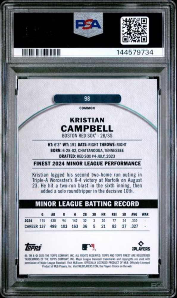 Graded 2025 Topps Finest Kristian Campbell #98 Checkerboard Refractor Rookie RC Baseball Card PSA 10 Gem Mint