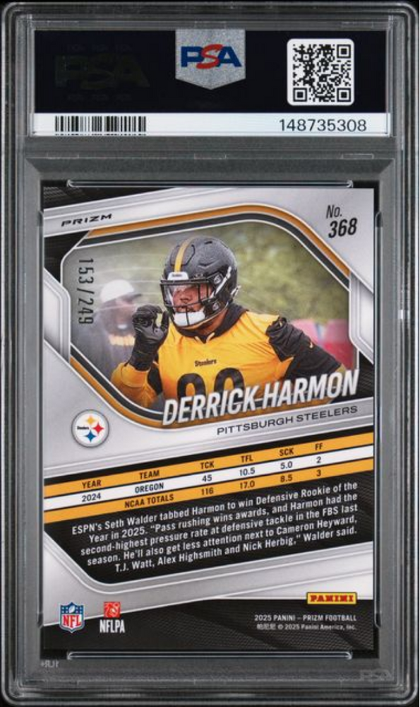 Graded 2025 Panini Prizm Derrick Harmon #368 Orange Prizm /249 Rookie RC Football Card PSA 10 Gem Mint
