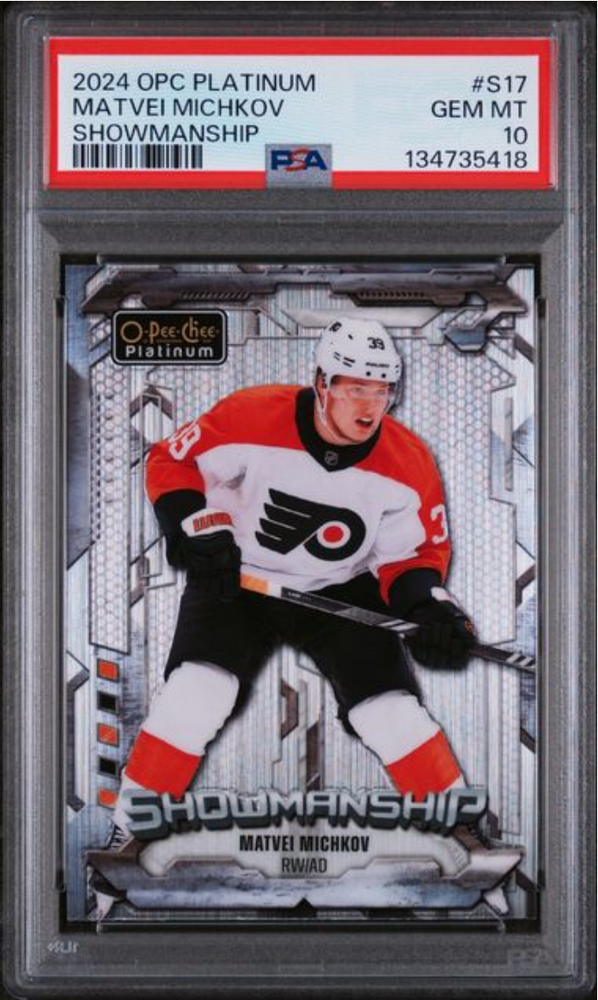 Graded 2024 O-Pee-Chee Platinum Matvei Michkov #S17 Showmanship Rookie RC Hockey Card PSA 10 Gem Mint
