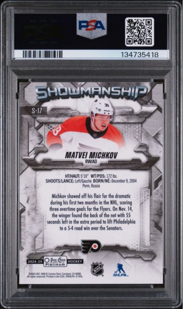 Graded 2024 O-Pee-Chee Platinum Matvei Michkov #S17 Showmanship Rookie RC Hockey Card PSA 10 Gem Mint
