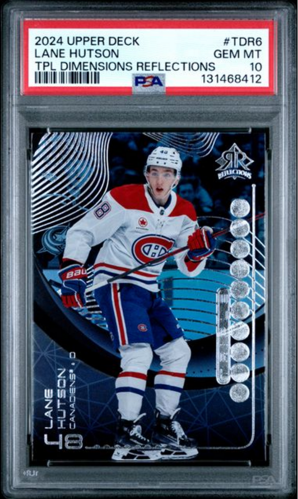 Graded 2024 Upper Deck Lane Hutson #TDR6 TPL Dimensions Reflections Rookie RC Hockey Card PSA 10 Gem Mint