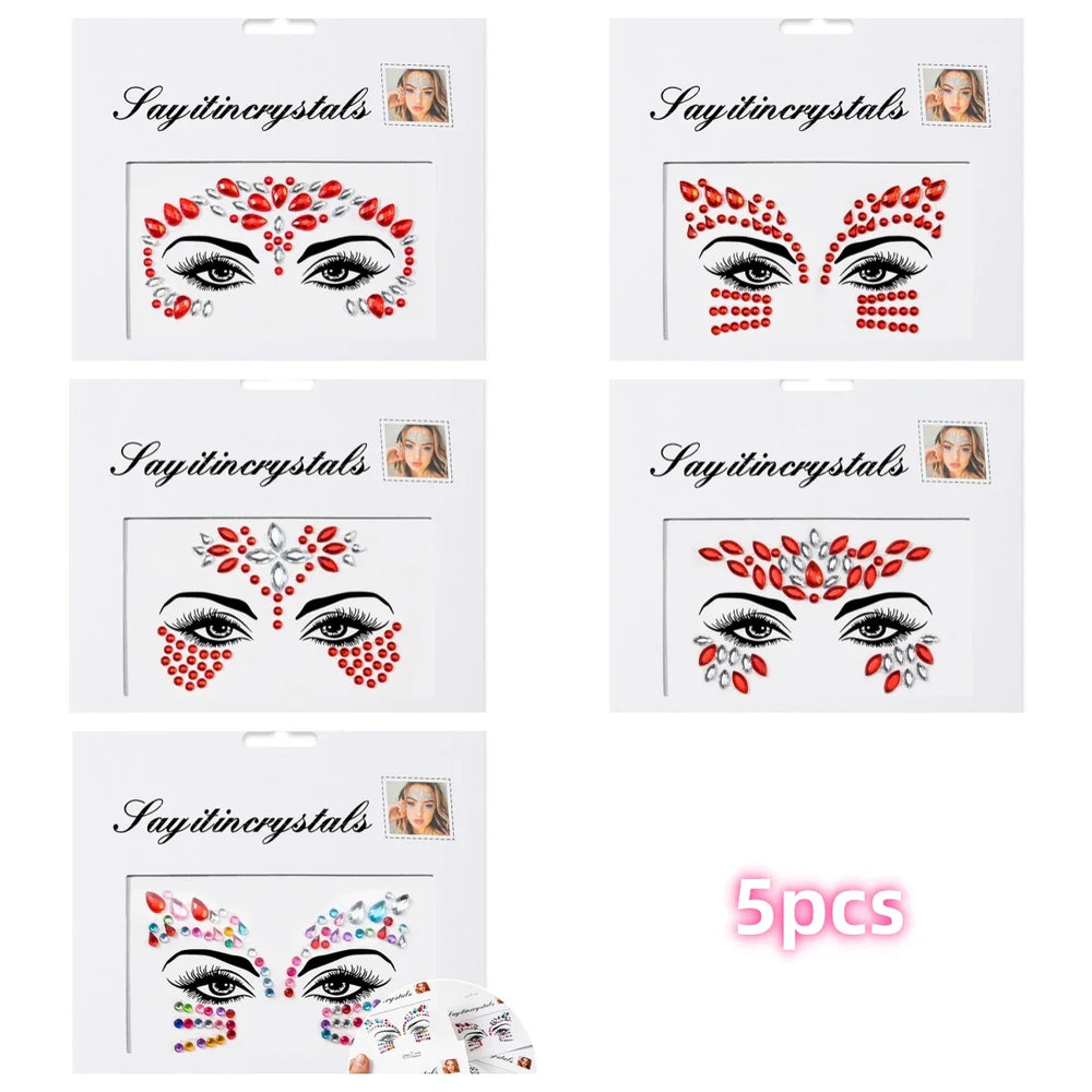 5Pcs Coloful Glitter Face Jewelry Sticker Crystal Eye Body Face Jewels Bady Makeup Tools Temporary Self-Adhesive Nail Rhinestone (ONLINE ORDER ONLY)
