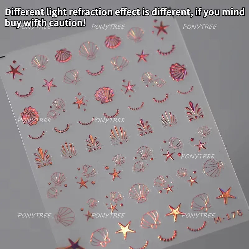 Marine Shell Starfish Ocean Elements Pearl Star Fishing Net Colourful Underwater Organisms 5D Nail Art Stickers Manicure Decals (Online Order Only)