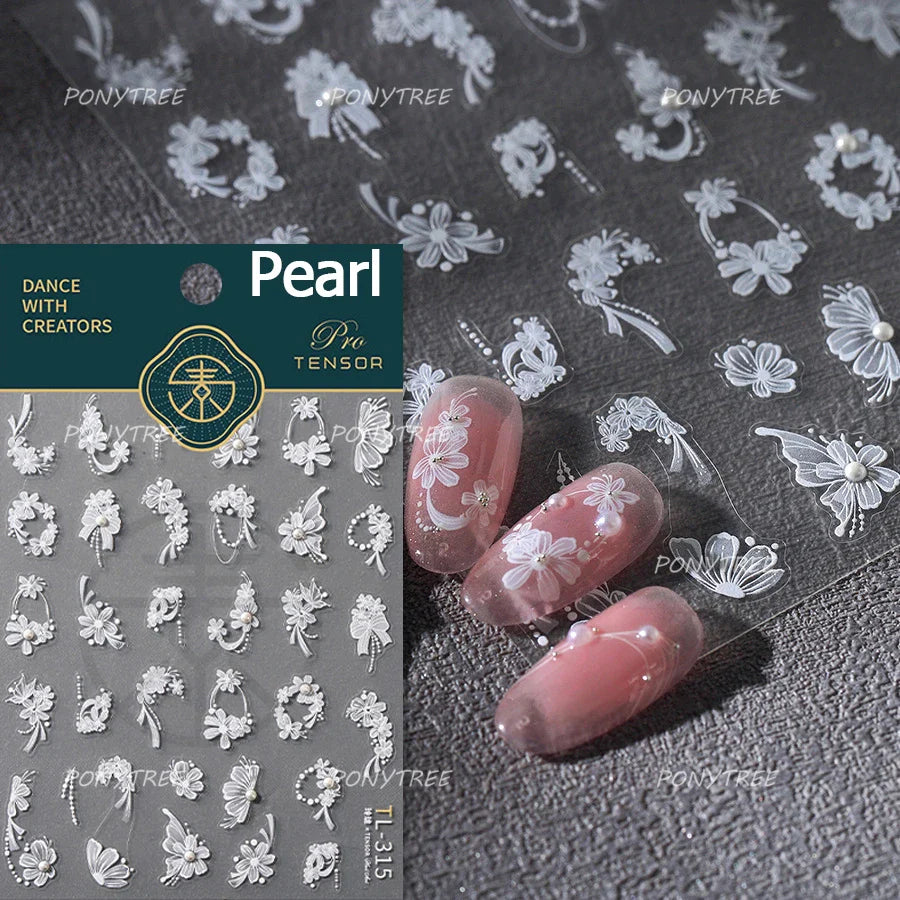 Chic Butterfly Flower Lily Lilium Narcissus Line Beautiful Blue Pearl Self Adhesive Nail Art Stickers Decorations Manicure Decal (Online Order Only)