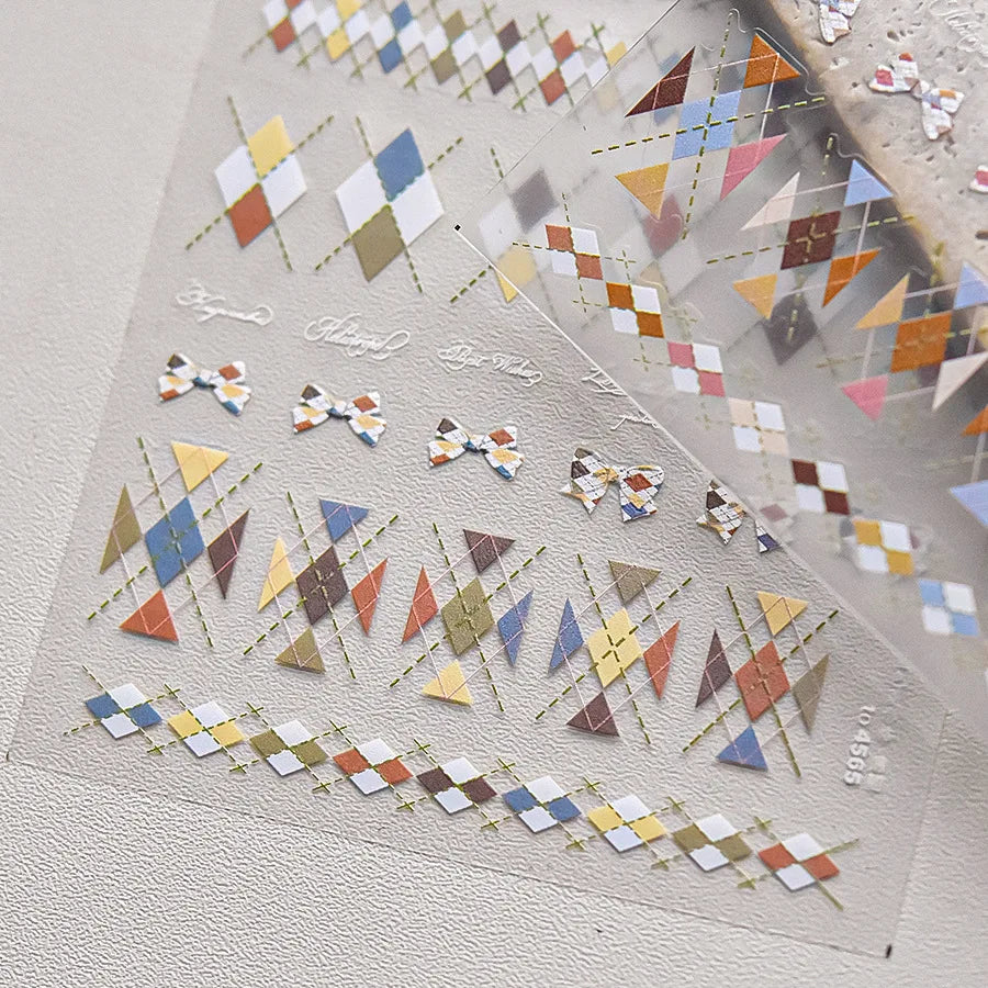 French Style Colorful Square Grid Rhombus Stripe Bowknot Line 3D Self Adhesive Nail Art Stickers Shiny Rhinestone Manicure Decal (Online Order Only)