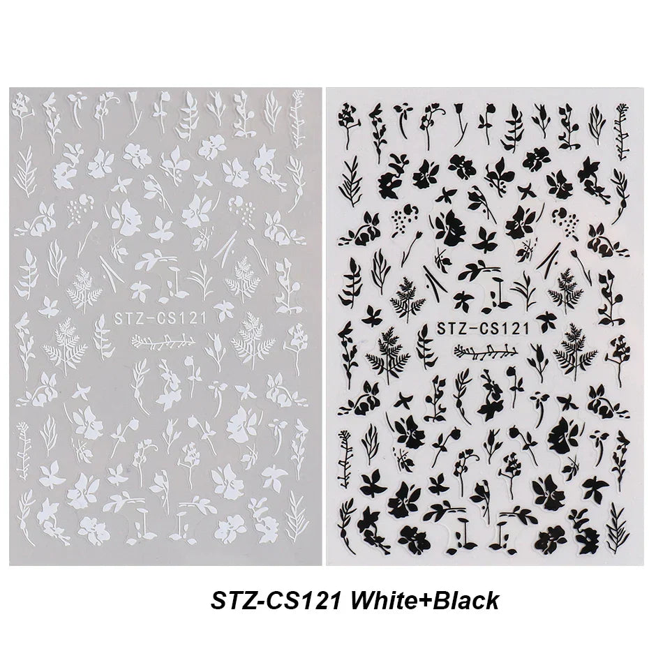 3D Floral Leaf Nail Stickers Black White Flower Adhesive Decals (Online Order Only)