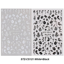 3D Floral Leaf Nail Stickers Black White Flower Adhesive Decals (Online Order Only)