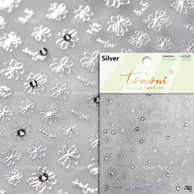 Hot Stamping Laser Silver Pink White Flower Rhinestone Pearl Irregular Petal Adhesive Nail Art Decoration Sticker Manicure Decal (ONLINE ORDER ONLY)