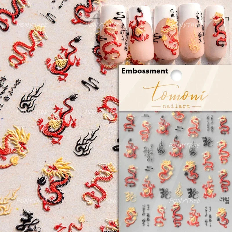 Chinese Dragon Auspicious Beast Mythological Legend Noble Loong Blue Pink Soft Relief Adhesive Nail Art Sticker Manicure Decals (ONLINE ORDER ONLY)