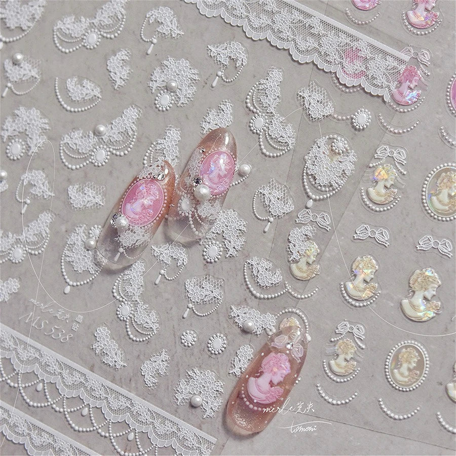 French Romantic Lace Flower Fabric Art Pearl Pendant Portrait Bowknot Textile Printing Delicate Nail Art Stickers Manicure Decal (ONLINE ORDER ONLY)