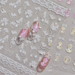 French Romantic Lace Flower Fabric Art Pearl Pendant Portrait Bowknot Textile Printing Delicate Nail Art Stickers Manicure Decal (ONLINE ORDER ONLY)