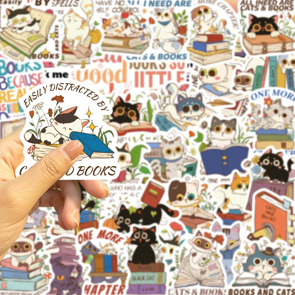 60Pcs Cat and Book with Motivational Phrase Sticker Pack DIY Scrapbook Decorative Stickers For Water Bottle Car Cup Computer (Online Order Only)