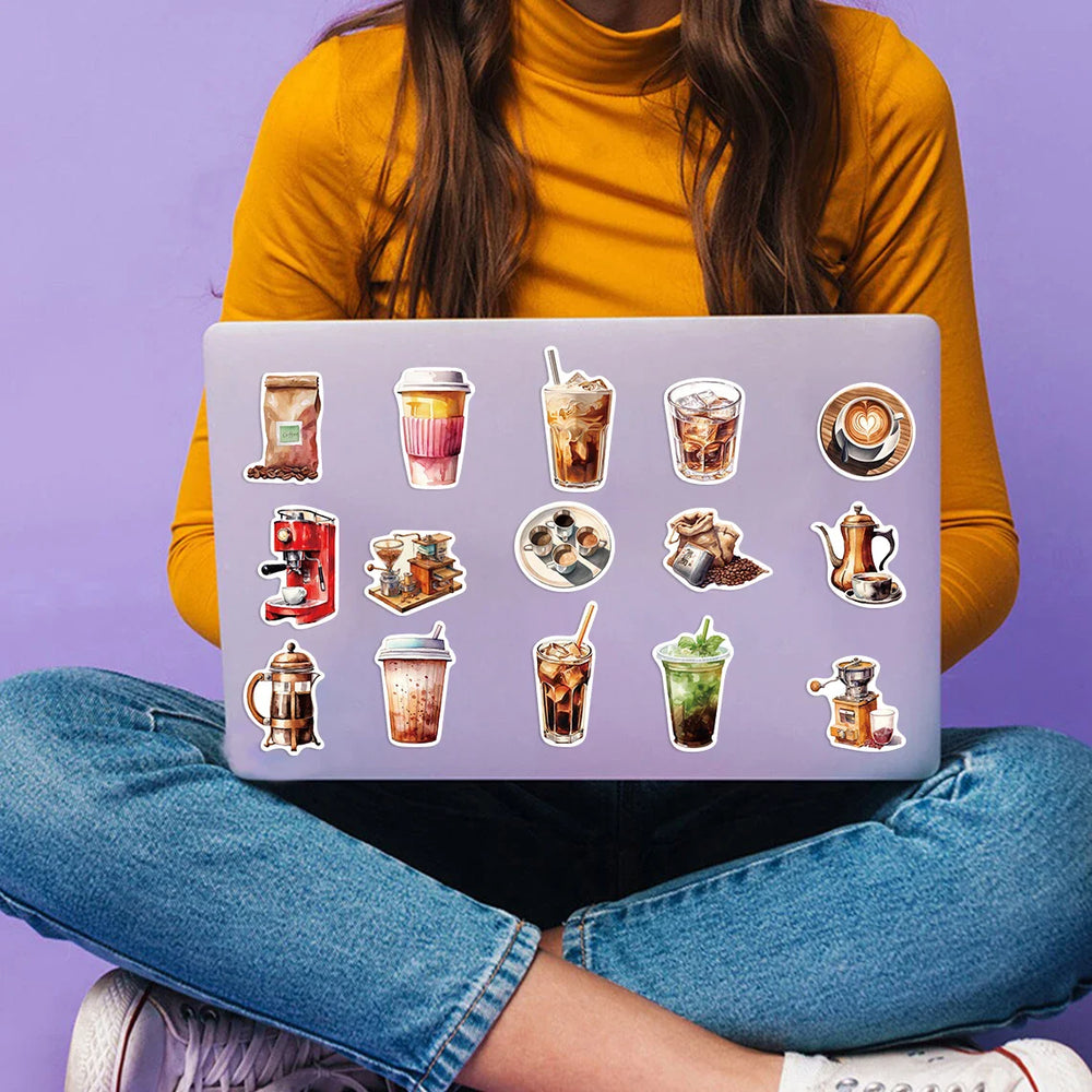 50pcs Cute Cartoon Coffee Lover Stickers Vinyl Laptop Decals For Luggage Water Bottle Notebook Phone Waterproof Graffiti﻿ (ONLINE ORDER ONLY)