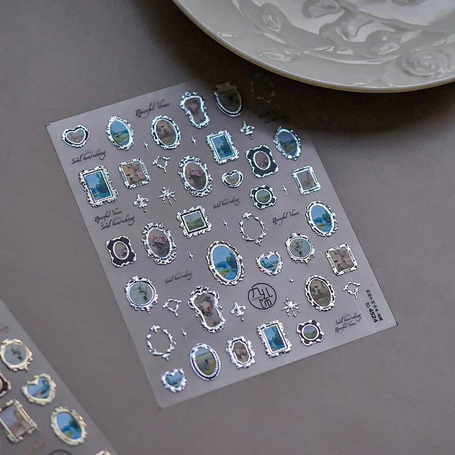 Retro Rose Gold Silver Totem Picture Photo Frame Flower 5D Self Adhesive Nail Art Stickers 5D Shiny Rhinestone Manicure Decals (ONLINE ORDER ONLY)