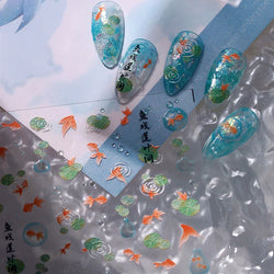Lotus Leaf Brocaded Carp Koi Playing Goldfish Cavort Ripple Droplet Water Bubbles Self Adhesive Nail Art Stickers Manicure Decal (Online Order Only)