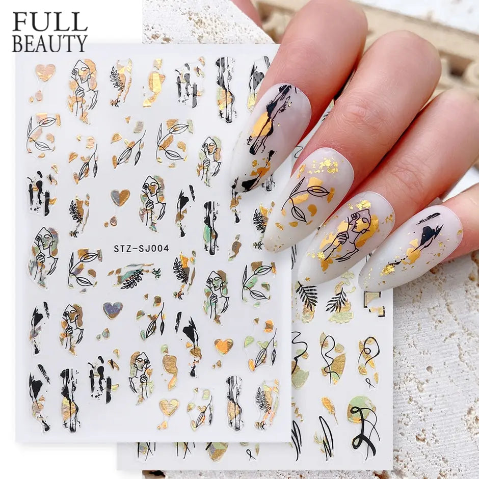 Abstract Geometry Stickers For Nail 3D Laser Gold Black Leaves Heart Line Adhesive Sliders Decor Holographic Decal (Online Order Only)