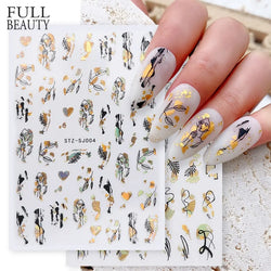 Abstract Geometry Stickers For Nail 3D Laser Gold Black Leaves Heart Line Adhesive Sliders Decor Holographic Decal (Online Order Only)