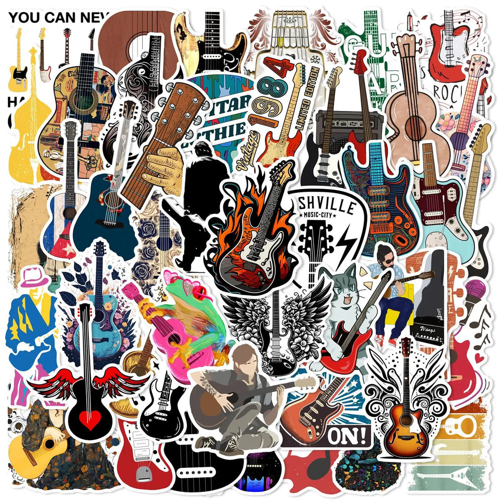 50Pcs Cartoon Guitar Graffiti Stickers for Helmet, Wall, Desktop Decoration (Online Order Only)