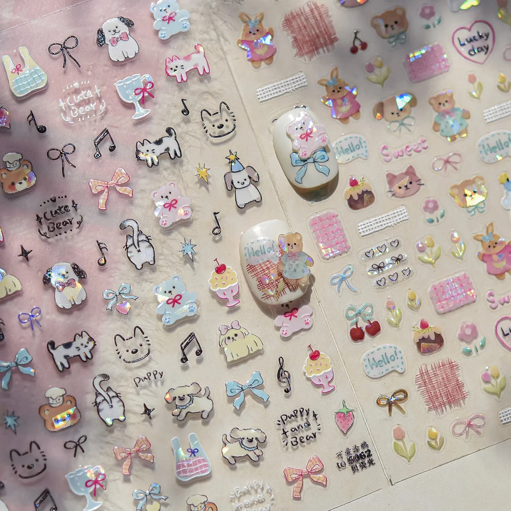 Lovely Animals Cat Dog Bear Party Puppy Kitten Cake Bowknot Flower Love Heart Lace Gird Adhesive Nail Art Sticker Manicure Decal (ONLINE ORDER ONLY)