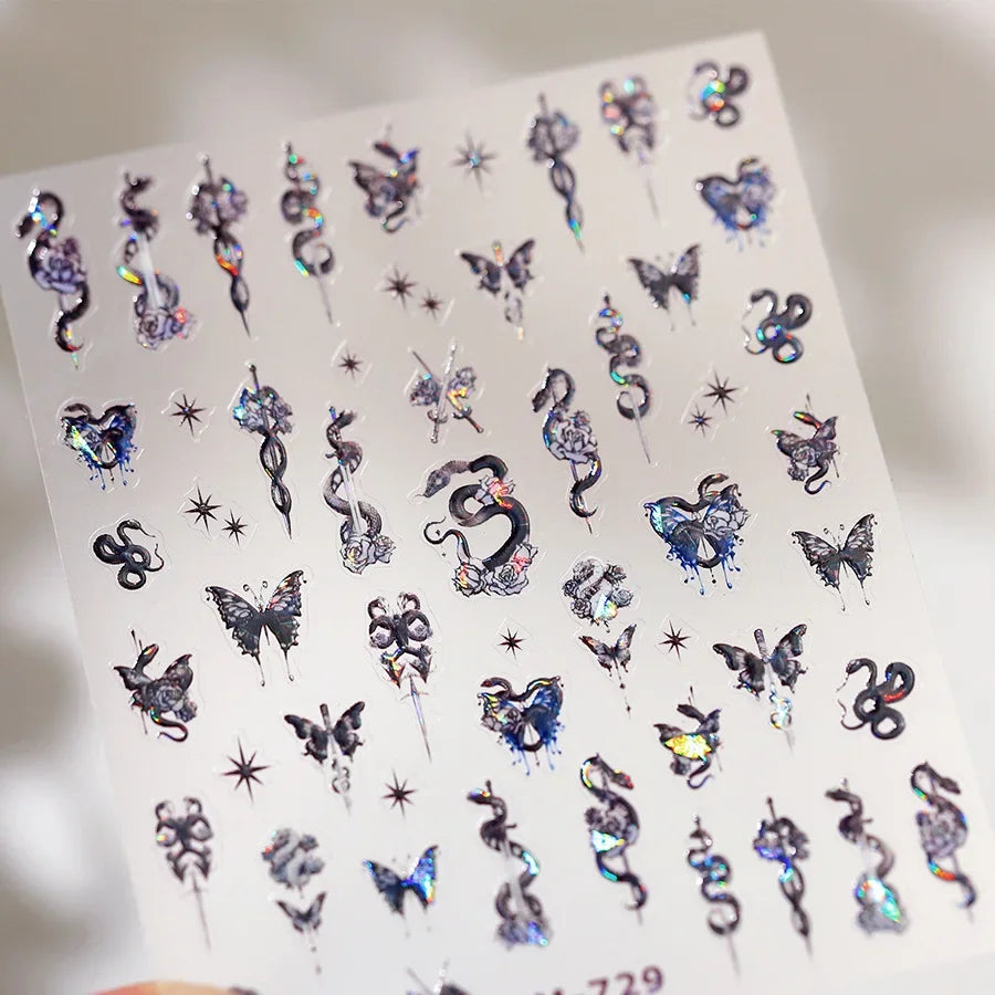 Dark Sword Coiled Snake Cross Butterfly Wing Starburst Starlight Gothic Reptile Animals Nail Art Sticker Festival Manicure Decal (ONLINE ORDER ONLY)