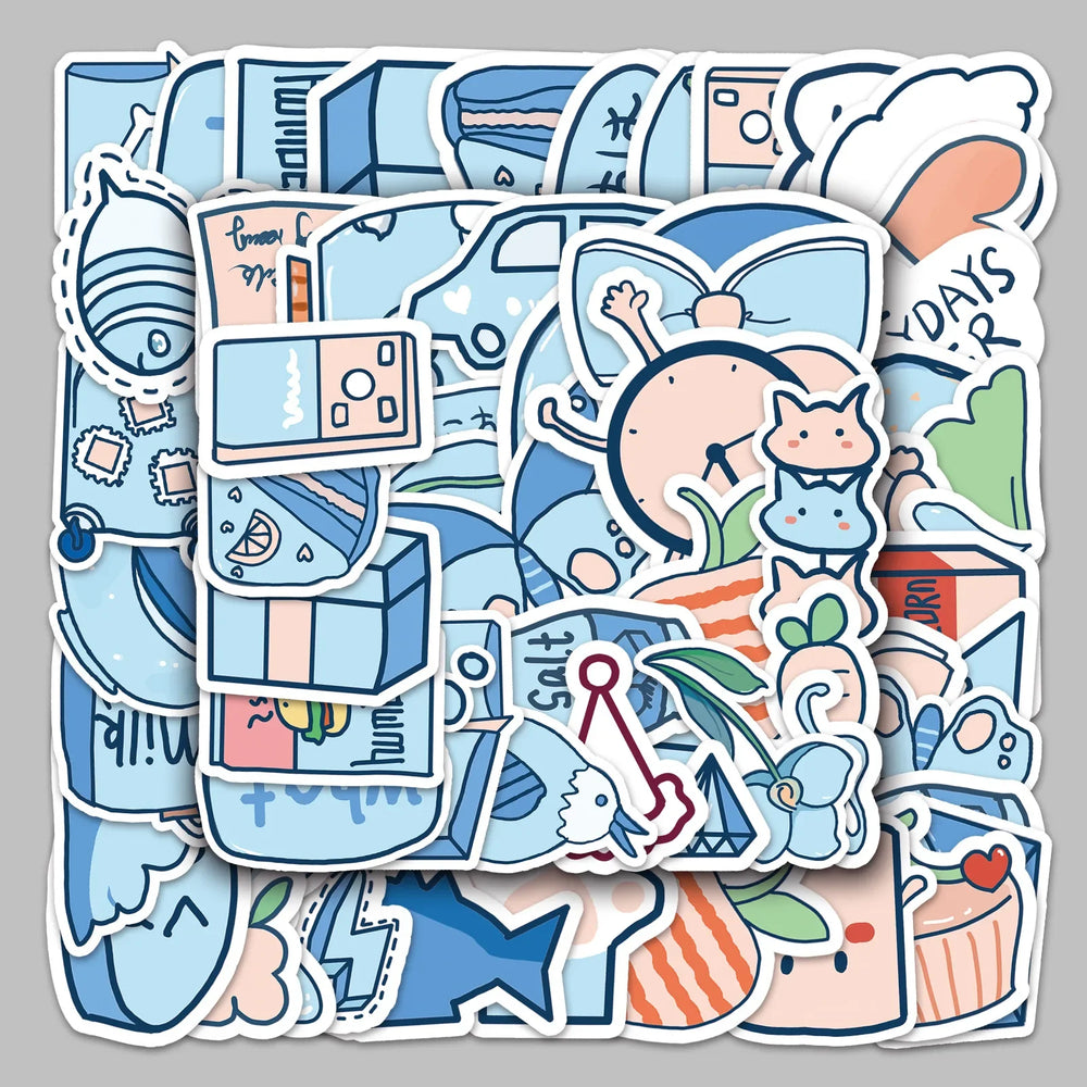 50Pcs Cartoon Blue Graffiti Stickers for Helmet, Wall, DIY Decoration (Online Order Only)