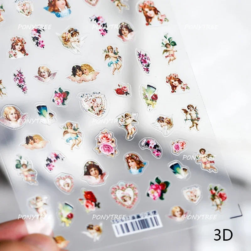 Angel Bowknot Stone Statue Vintage Photo Frame Flower Bed Bouquet Garden Rose Crown Adhesive Nail Art Stickers Manicure Decals (ONLINE ORDER ONLY)