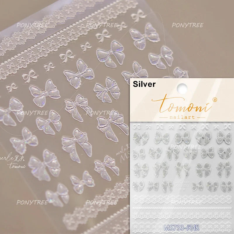 Pink Blue Bowknot Star Lace Round Dot Starburst Spot Leopard Print 3D Self Adhesive Nail Art Decorations Sticker Manicure Decals (ONLINE ORDER ONLY)