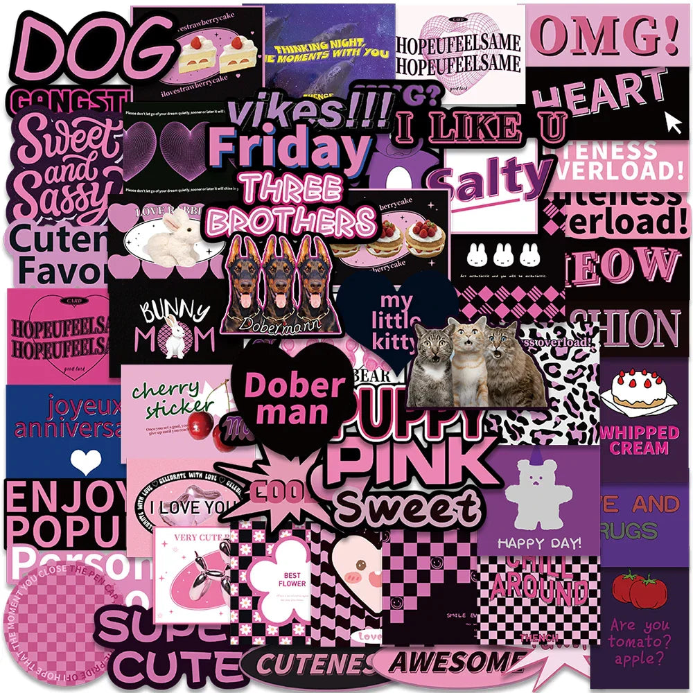 55pcs Purple Black Aesthetic Stickers Cool Girls Y2K Laptop Decals Waterproof Graffiti For Luggage Phone Guitar Sticker (Online Order Only)