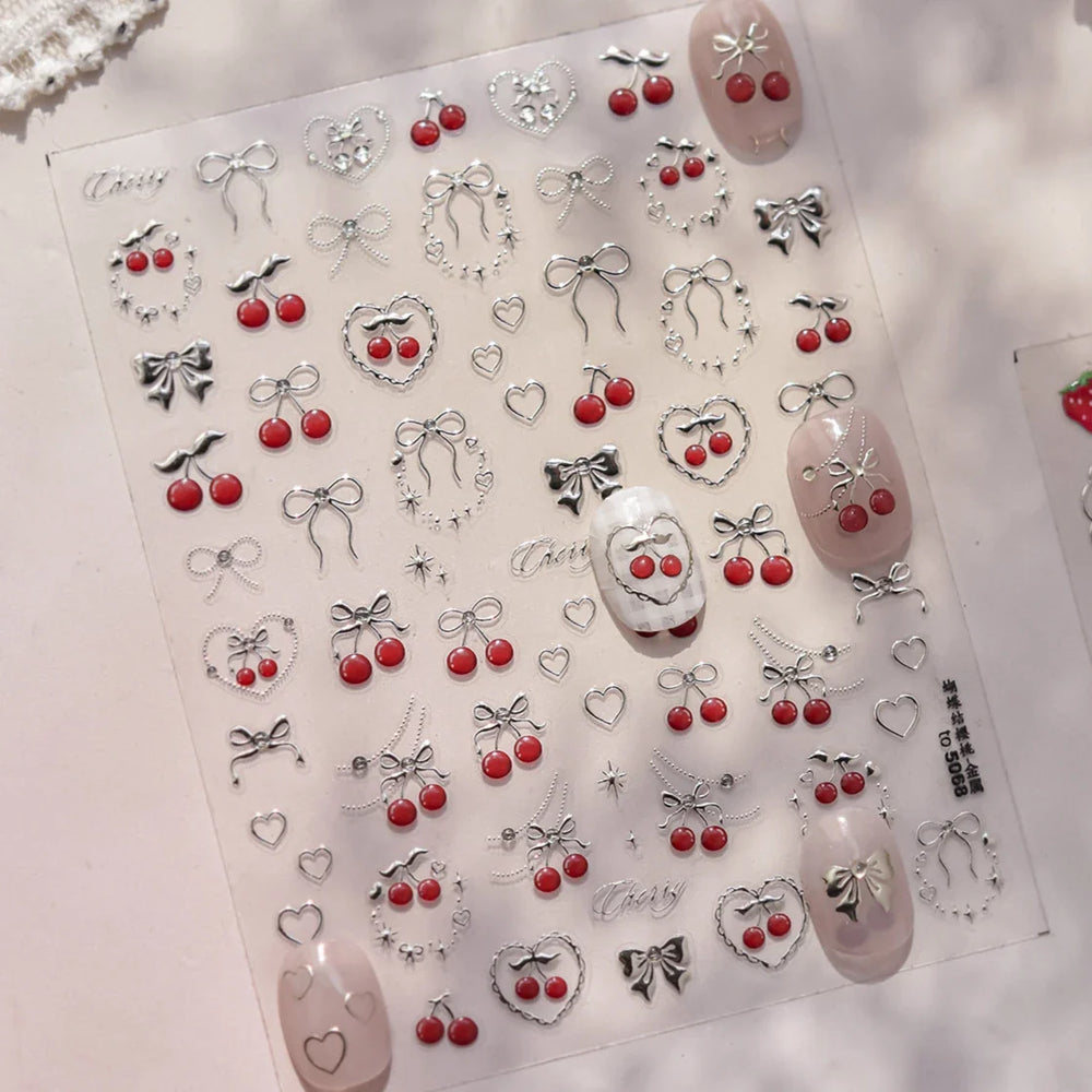 Lovely Red Fruit Strawberry Cherry Bowknot Love Heart Star Silk Ribbon Chic Rhinestone Adhesive Nail Art Stickers Manicure Decal (ONLINE ORDER ONLY)