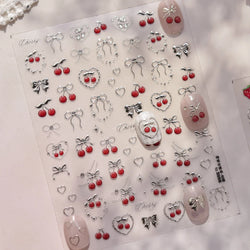 Lovely Red Fruit Strawberry Cherry Bowknot Love Heart Star Silk Ribbon Chic Rhinestone Adhesive Nail Art Stickers Manicure Decal (ONLINE ORDER ONLY)