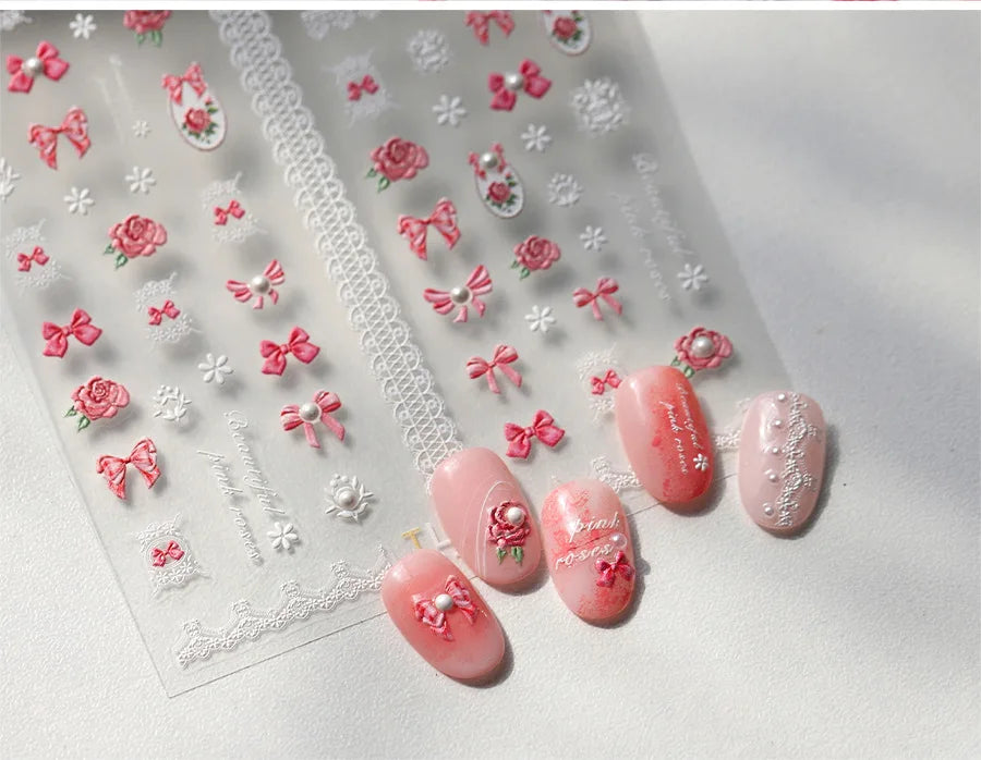 French Chic Mini Pink Rose Flower Bowknot Lace Ribbon Pearl White Little Flower Self Adhesive Nail Art Stickers Manicure Decals (ONLINE ORDER ONLY)
