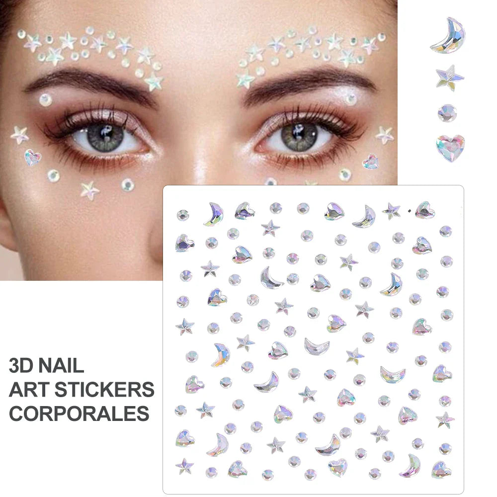 5Pcs Coloful Glitter Face Jewelry Sticker Crystal Eye Body Face Jewels Bady Makeup Tools Temporary Self-Adhesive Nail Rhinestone (ONLINE ORDER ONLY)
