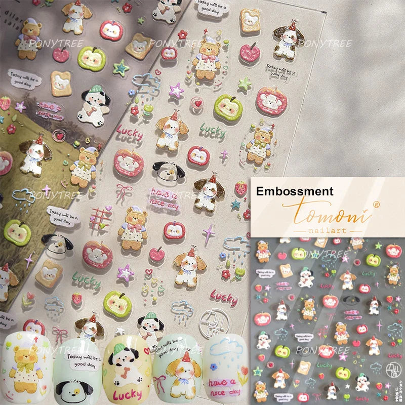 Cute Bear Star Dog Bowknot Love Heart Good Night Bone Bread Flower Self Adhesive Nail Art Decorations Stickers Manicure Decals (Online Order Only)