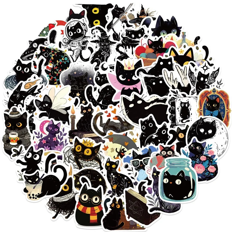 10/30/50PCS Cartoon Black Star Cat PVC Sticky Sticker Aesthetic DIY Stationery Decoration Scrapbooking School Supplies for Kids (ONLINE ORDER ONLY)