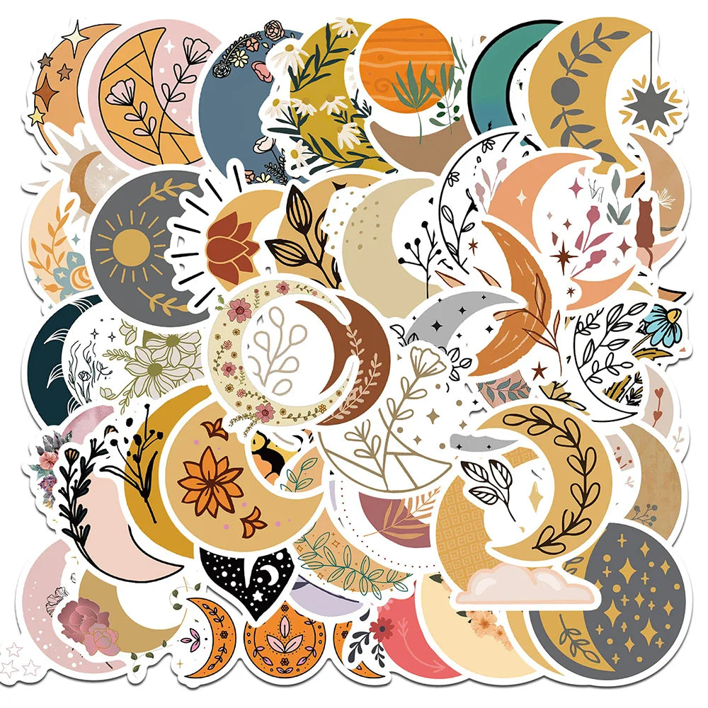 10/30/50PCS Pretty Bohemia Flower Moon Stickers Aesthetic Decoration DIY Skateboard Guitar Laptop Scrapbook Fridge Decals Toys (ONLINE ORDER ONLY)