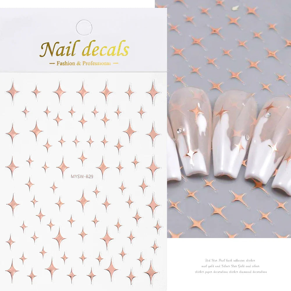 1 Sheet Star Nail Art Stickers 3d Self Adhesive Nail Decals Black White Golden Silver Color Star Design Nail Supplies Accessory (ONLINE ORDER ONLY)