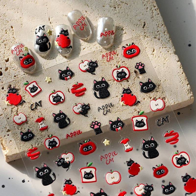 Cute Lovely Red Apple Core Black Kitten Cat's Paw Bread Slices Fruit Star Soft Relief Adhesive Nail Art Sticker Manicure Decals (ONLINE ORDER ONLY)