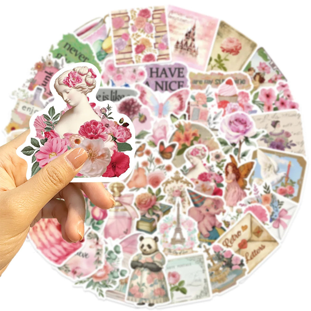 50PCS Retro Pink Collage Doodles Sticker Waterproof Graffiti Sticker Art Picture Luggage Home Scrapbook Cartoon Laptop (ONLINE ORDER ONLY)