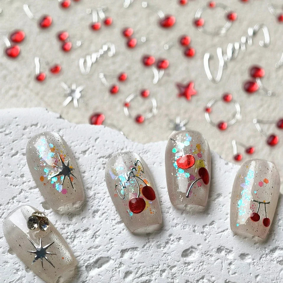 Lovely Mini Red Cherry Jelly Star Sun Fruit Charming Silver 3D 5D Self Adhesive Nail Art Stickers Cute Manicure Decals Wholesale (ONLINE ORDER ONLY)