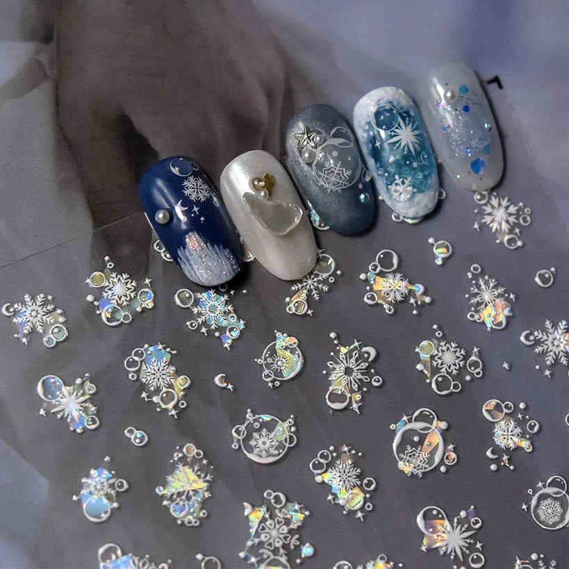 Shiny White Pink Blue Gold Snowflakes Hexagon Water Bubbles Winter 5D Self Adhesive Nail Art Stickers Rhinestone Manicure Decals (ONLINE ORDER ONLY)