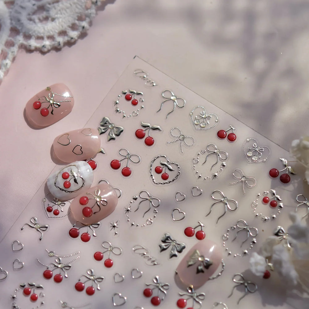 Lovely Red Fruit Strawberry Cherry Bowknot Love Heart Star Silk Ribbon Chic Rhinestone Adhesive Nail Art Stickers Manicure Decal (ONLINE ORDER ONLY)
