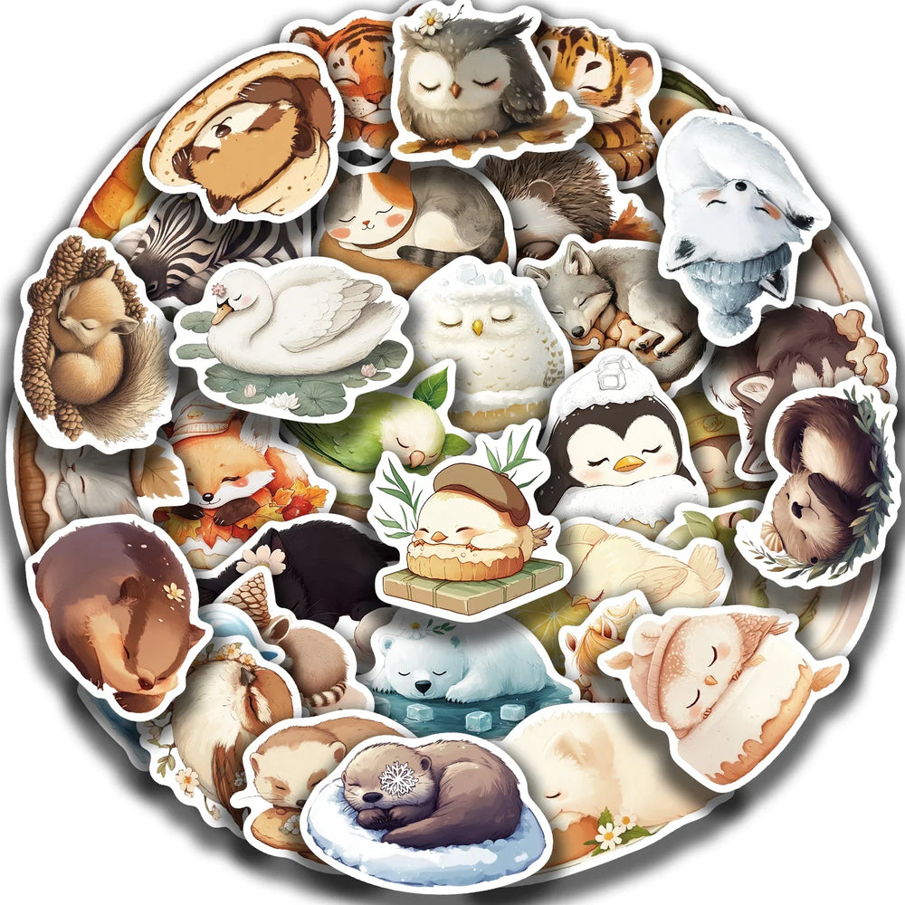 50pcs Sleeping Animals Cartoon Stickers Perfect for Scrapbooking Diaries Laptops Bumpers Water Bottles Computers Phones Sticker (Online Order Only)