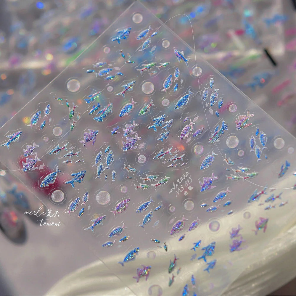 Colorful Shoal of Fish Whale Ocean Shell Conch Starfish Summer Sea Jellyfish Bubble Nail Art Decoration Sticker Manicure Decals (ONLINE ORDER ONLY)
