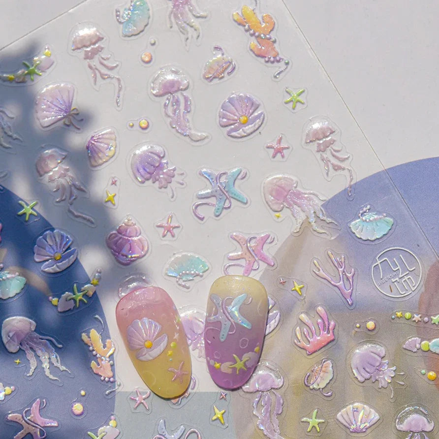 Infauna Jellyfish Conch Shell Starfish Octopus Coral Polypite Wishing Bottle Sea Self Adhesive Nail Art Stickers Manicure Decals (ONLINE ORDER ONLY)