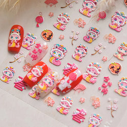 Auspicious Peach Blossom Snake Fan Flower The Spring Festival Tiger Head Adhesive Nail Art Stickers Red Lantern Manicure Decals (Online Order Only)
