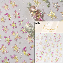 Gradient Coloredful Flower Petal Green Leaf Dreamy Shiny Chinese Rose Fantasy Relief Adhesive Nail Art Stickers Manicure Decals (Online Order Only)