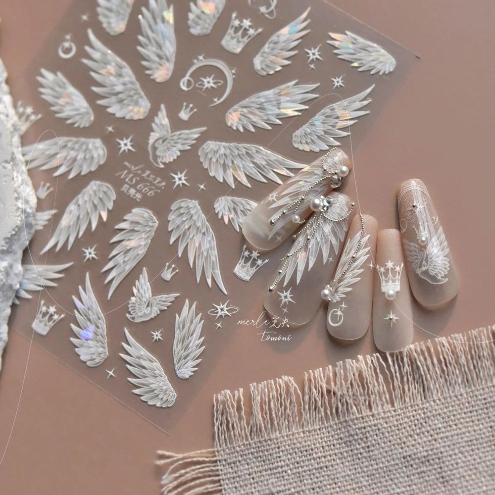 Charming White Shiny Pearl Rhinestone Wings Feathers Crown Moon Stars 3D Self Adhesive Nail Art Sticker Manicure Decal Wholesale (ONLINE ORDER ONLY)